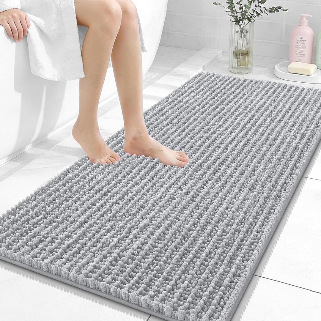 OLANLY Long Bathroom Rugs Runner 47x24, Thick Soft and Absorbent Chenille Bath Mat, Non-Slip, Machine Washable Quick Dry Bath Rugs for Tub Shower Floor, Home Decor Accessories, Light Grey