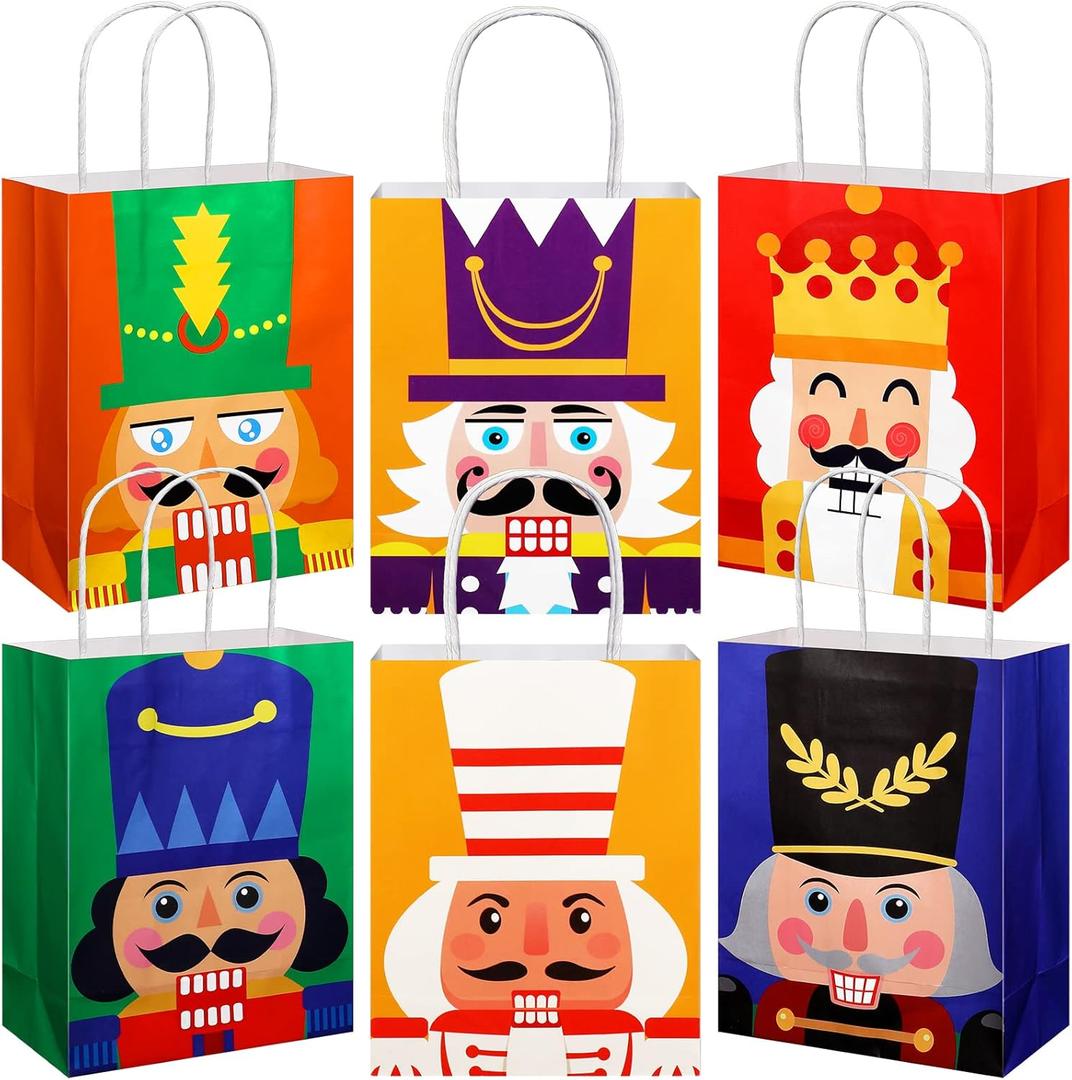 TaoBary 24 Pcs Nutcracker Christmas Gift Bags Bulk Kraft Paper Medium Size Christmas Goody Gifts Treat Bags with Handle for Cookie Candy Xmas Holiday Supplies, 8.3 x 6 x 3.1 In(Classic,Multicolor)