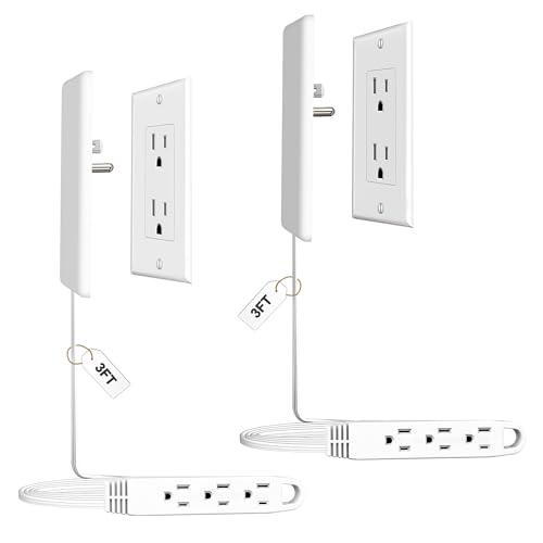 CABOCASA 2 Pack 3FT Flat Plug Extension Cord Power Strip with 3 Outlets, Patented Detachable Ultra-Thin Outlet Cover Concealer & Ultra-Flat Plug, Max. 13A 125V 1625W ETL Listed, White Color