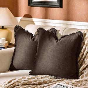 AmHoo Pack of 2 Linen Pillow Covers with Tassels Fringed Decorative Rustic Natural Throw Pillowcase Cushion for Couch Sofa Bedroom 16 x 16-Inch Brown