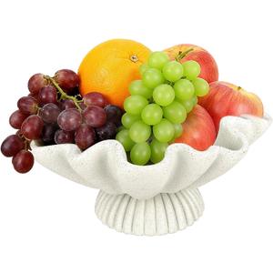 OGANGART Large Decorative Bowls for Home - Fruit Pedestal Bowl for Coastal Decor - Scalloped Bowl - 10.3" Off-white Resin Unique Decor for Coffee Table