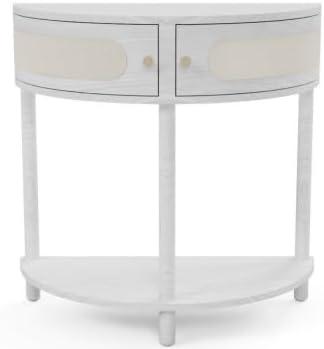 Stead Rattan Half Moon Shaped Small Entry Table, Modern Home Decor, Cane Console Table, Solid Wood Entryway Desk with Two Doors & Brass Knobs (Weathered White)
