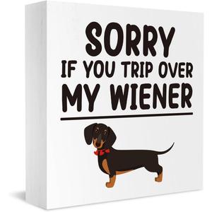 Funny Dog Lover New Home Gift Dachshund Sorry If You Trip Over My Wiener Signs Decor Wooden Box Block Plaque Wood Products Sign for Desk Table Tabletop Decor 5 x 5 inches Tub2507