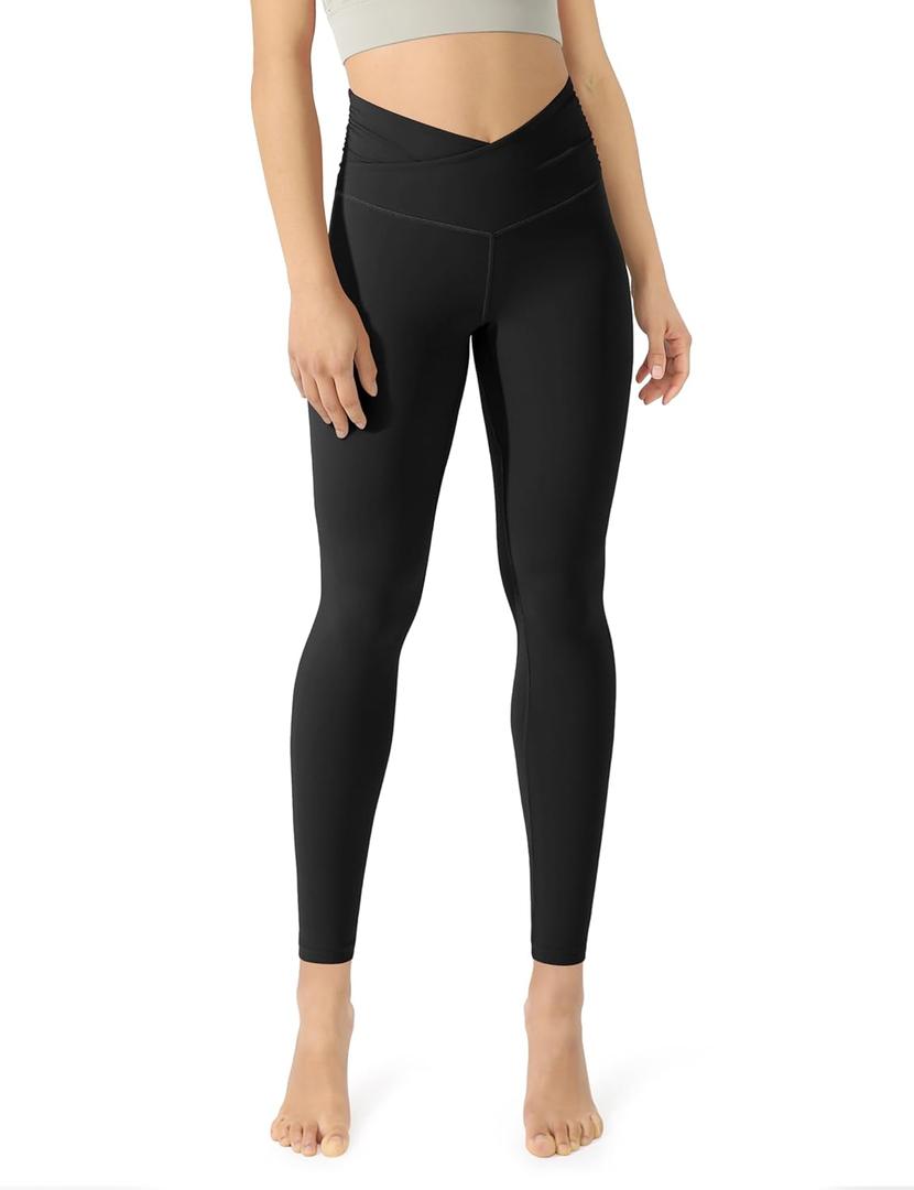 ODODOS Women's Cross Waist Yoga Leggings with Inner Pocket, 23"/25"/28" Gathered Crossover Workout Yoga Pants (Black) 
X-Small