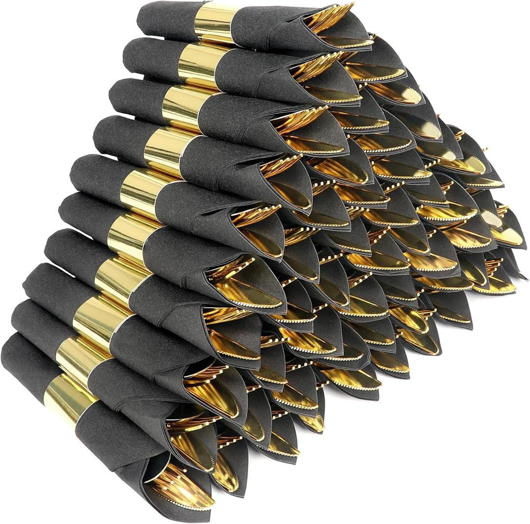 100 Pack Pre Rolled Gold Plastic Silverware Set,Wrapped Plastic Cutlery Set with Napkin Include 100 Forks,100 Spoons,100 Knives and 100 Black Napkins for Party, Wedding,Christmas