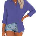 Diosun Womens Button Down Shirts Long Sleeve Cotton Stylish Gauze Tops Casual Loose Fit Blouses with Pocket (Blue, XL)