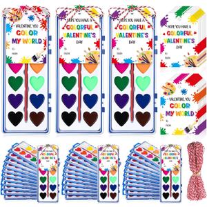 Sabary 18 Pack Valentines Day Watercolor Paint Sets Gifts Washable Watercolor Paintings with Card and 20 Meters Red Rope for Art Gifts Exchange Bulk