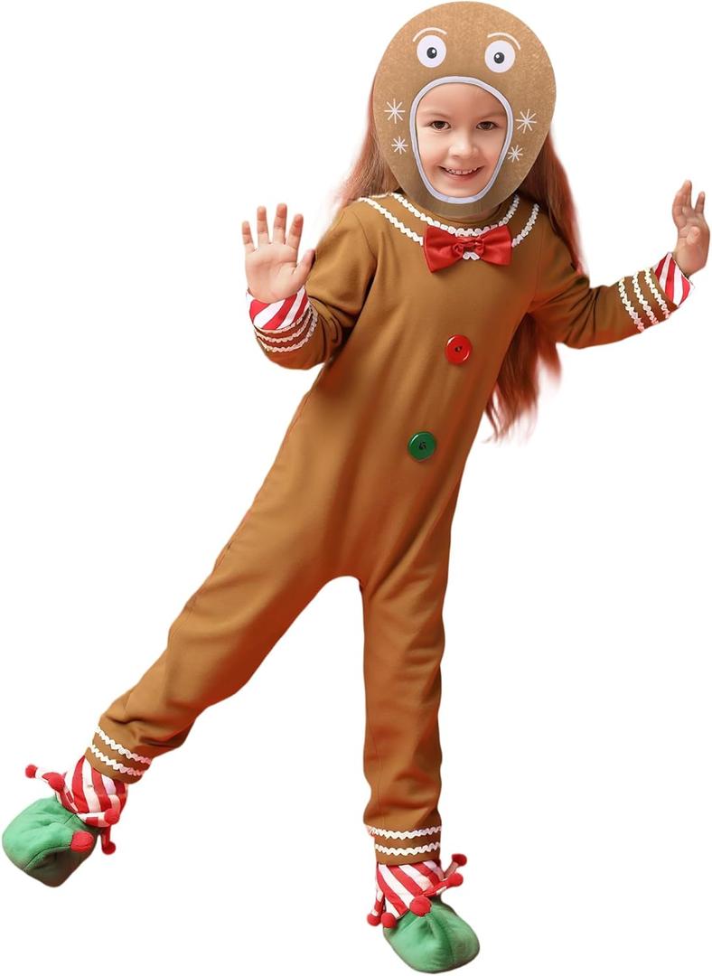 Gingerbread Man Costume for Kids Christmas Home Clothing Gingerbread Outfit Winter Bodysuit Hooded (5-6 Years)