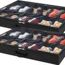 Lifewit Under Bed Shoe Storage Organizer Set of 2, 4.3 Inches Tall Low Profile Fabric Shoes Container Box with Clear Cover, Foldable Storage Bag with 2 Handles, Total Fits 24 Pairs of Shoes, Black