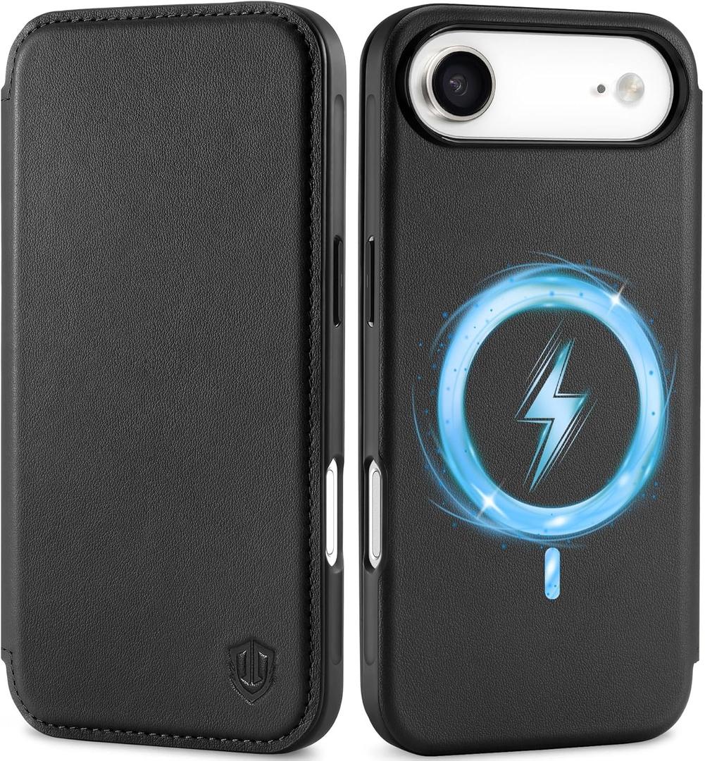 SHIELDON Genuine Leather Slim Wallet Case for iPhone Air 6.5-inch 2025 | Magnetic Closure | Wireless Charging | RFID Blocking Credit Card Holder | Folio Protective Phone Cover | Black