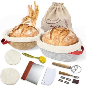 Sourdough Starter Kit With 7.5" Round & Oval Banneton Bread Proofing Basket, Complete Sourdough Bread Baking Supplies, Bread Making Kit With Storage Bag, Gift For Beginner Baker