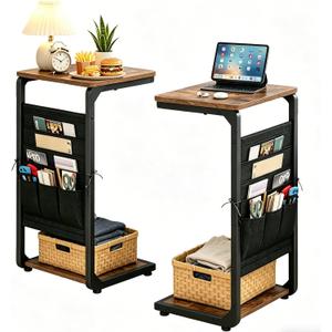 Wood Pedestal Living Room Couch Side Table Set of 2, TV Tray for Eating on Couch Side Tables that Slide Under the Couch Table, Dinner Food Small C Shaped End Stand TV Trays Over Sofa, Brown ET-P-BRW2