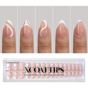 BTArtbox French Tip Press on Nails - 5 Styles XCOATTIPS Short Almond Nails, Pre-Designed Swirl Soft Gel Nail Tips, Ultra Fit False Nail, Soak Off Acrylic Fake Nails Extensions for Easy DIY Nail Art