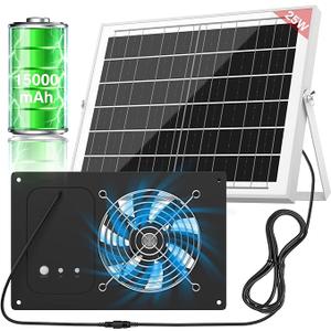 Solar Powered Fan with 15000mAh Battery & Timer, 25W 3500RPM High-Speed Solar Exhaust Fan, Low Noise Waterproof Ventilation for Chicken Coop, Greenhouse, Shed & Pet House