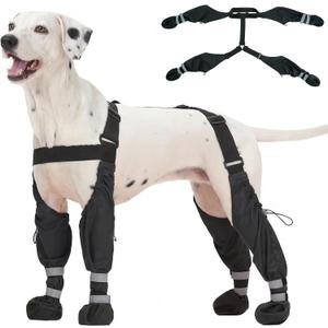 Pezluxe Dog Suspender Boots, Waterproof Anti-Slip Dog Rain Boots with Adjustable Strap for Small Medium Large Dogs, Reflective Paw Protector Pet Shoes for Outdoor Walking, Rain Snow Hiking, Black, L