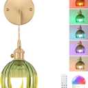 Battery Operated Wall Sconce with Green Tulip Shade Pattern Glass Adjustable Chain Retro Gold Wall Mounted Light, Modern Wall Lamp Fixtures Decor for Bedside Bedroom Indoor Doorway (Battery Operated (1 pack)- Long Cord)