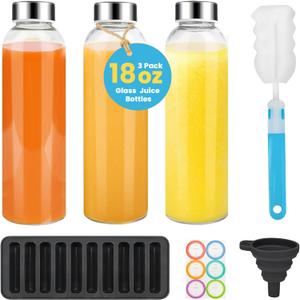 PROBTTL 18 oz Glass Juice Bottles with Lids Refillable Clear Glass Water Bottles with Stainless Steel Airtight Caps, Dishwasher Safe, Reusable Drinking Juice Containers (3-Pack, No Sleeves) Green