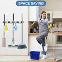 CUIFATI Wall Mounted Broom Organizer with 5 Slots 4 Hooks, Stainless Steel Mop Holder for Garage Laundry Room, Easily Insert and Remove Tools