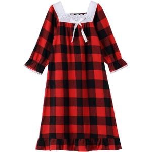 Girls Cotton Red Plaid Nightgowns Sleepwear Sleep Dress Kids Princess Pajamas Long Sleeve Christmas (11-13 Years)