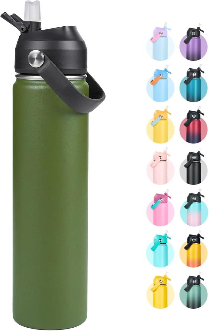 24oz Insulated Stainless Steel Water Bottle, Wide Mouth Double Wall Vacuum, Silicone Straw, Sweat & Leak Proof, BPA Free Insulated Water Flask for Travel, Keep Cold 24h Hot 12h, Green