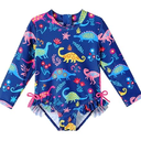 Bathing Suits Toddler Girl Dinosaur Print Long Sleeve Zipper with Headdress 1 Swimsuit Suit for 5 Girls, Blue