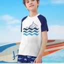 Boys Two Piece Rash Guard Swimsuits Sets Bathing Suits with Trunks 4-12 Years (5-6 Years, A2 Navy Blue)