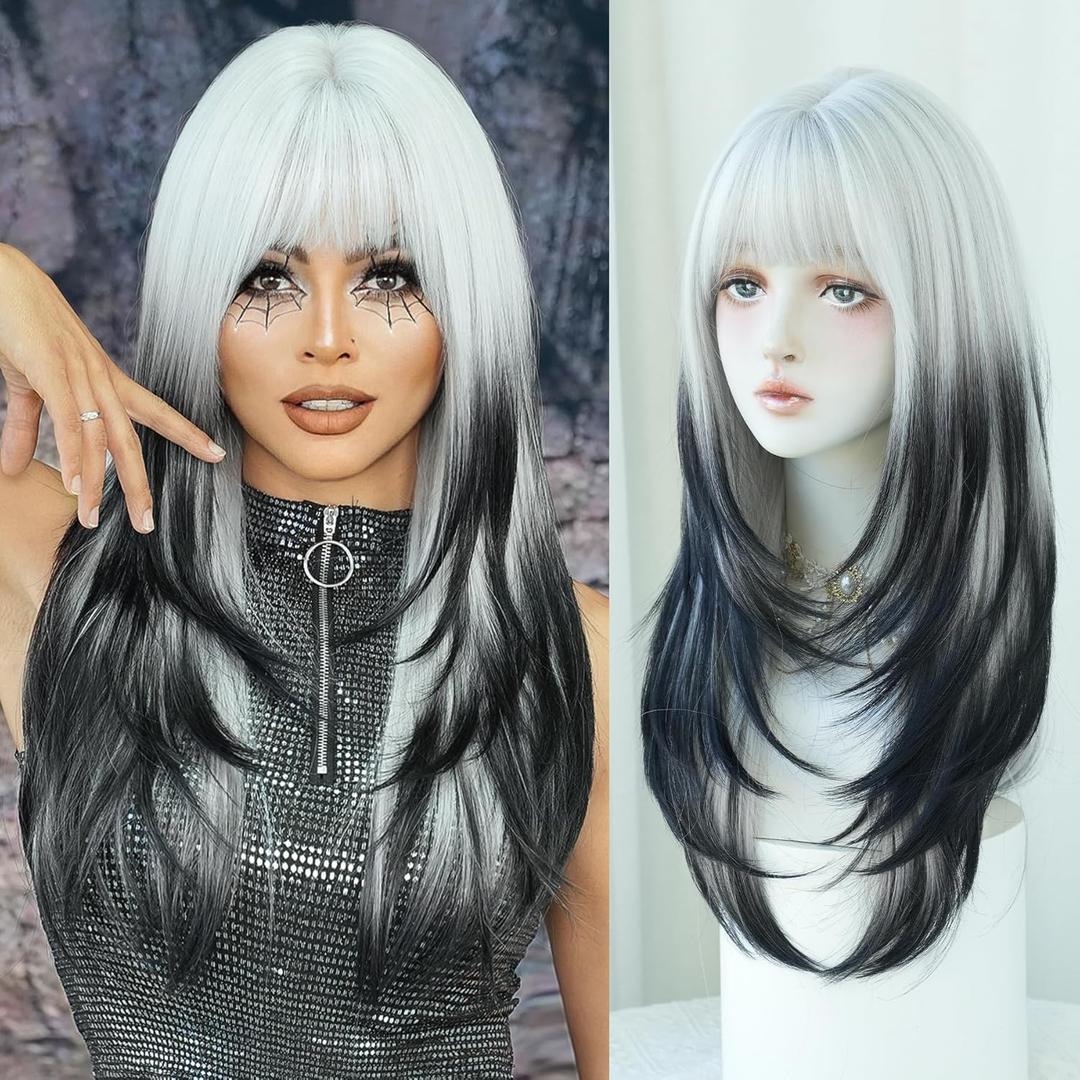7JHH WIGS 25" Long Straight Layered Wig with Bangs Heat Resistant Black White Ombre Wig Make Natural Looking Wigs for Women Party Cospaly Curella Wig and Daily Used (Black and White Ombre Curella Cosplay wig)