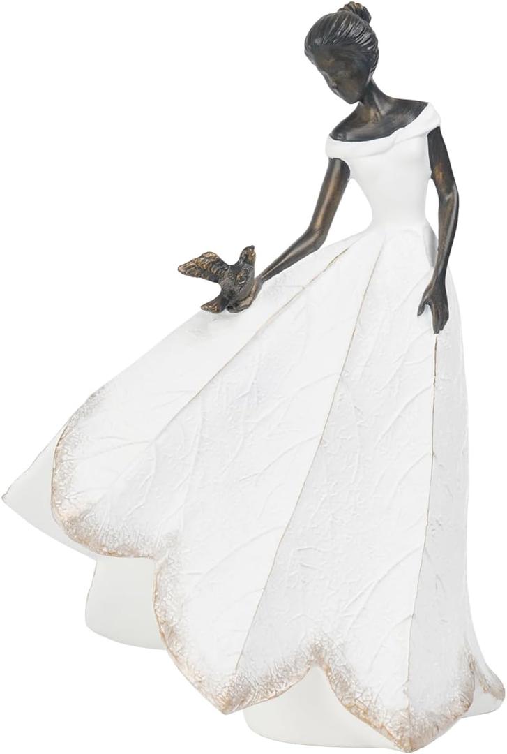 Guichifun Fairy Statue Collection Home Decoration - White Leaf Angel Girls with Bird Resin Home Decor for Outdoor or Indoor Outdoor Yard Decorations Figurines Retirement Gift 8.5 x 5.25 x 12 Inch (Large)