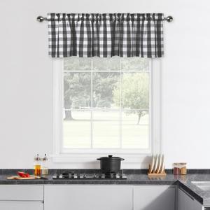 Black and White Buffalo Plaid Checkerd Caf Valances Curains for Kitchen, Gingham Thick Rod Pocket Farmhouse Window Treatment Valance Curtains for Window Bathroom, 55 x 15 inch