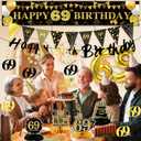 27pcs 69th Birthday Decorations for Men, Black Gold 69th Party Decorations, Happy 69th Birthday Banner Honeycomb Hanging Swirls Cake Topper and Balloons Kit Party Supplies
