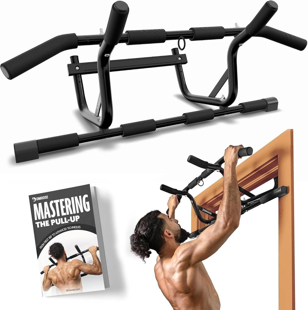 DMoose Fitness Pull Up Bar for Doorway - Upto 250 Lbs Capacity, No Screwing or Slipping, Hanging Pullup & Chin Up Bar for Door Frame - Multi Padded Grips for Strength Training with Installation Guide