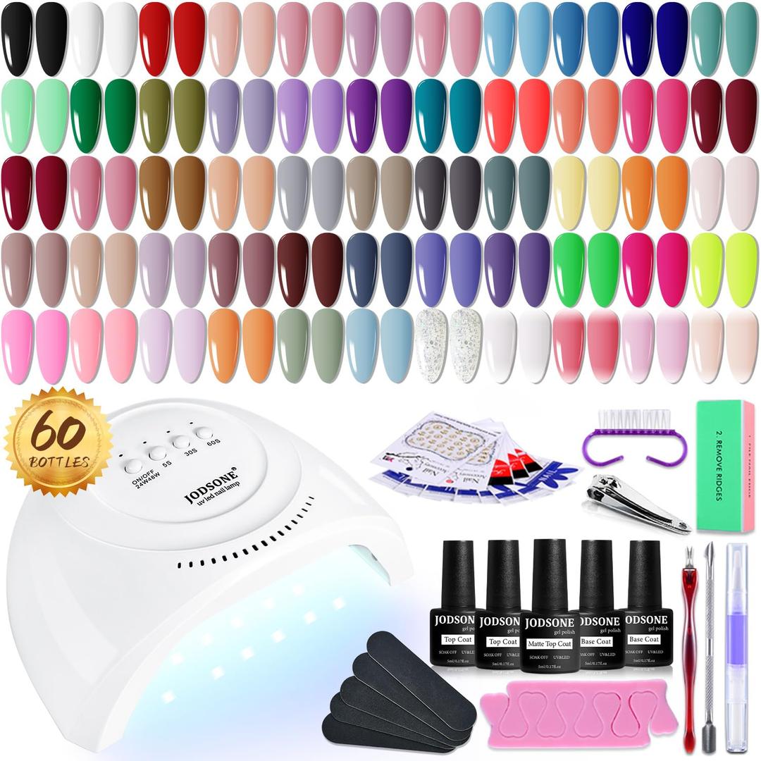 JODSONE Gel Nail Polish Kit 60 PCS with U V Light Soak off Base Top Coat 55 Shine Colors Gel Nail Kit Bright and Dark Brown Wine Red Series Manicure Set for Women and Girls (60KIT 01)