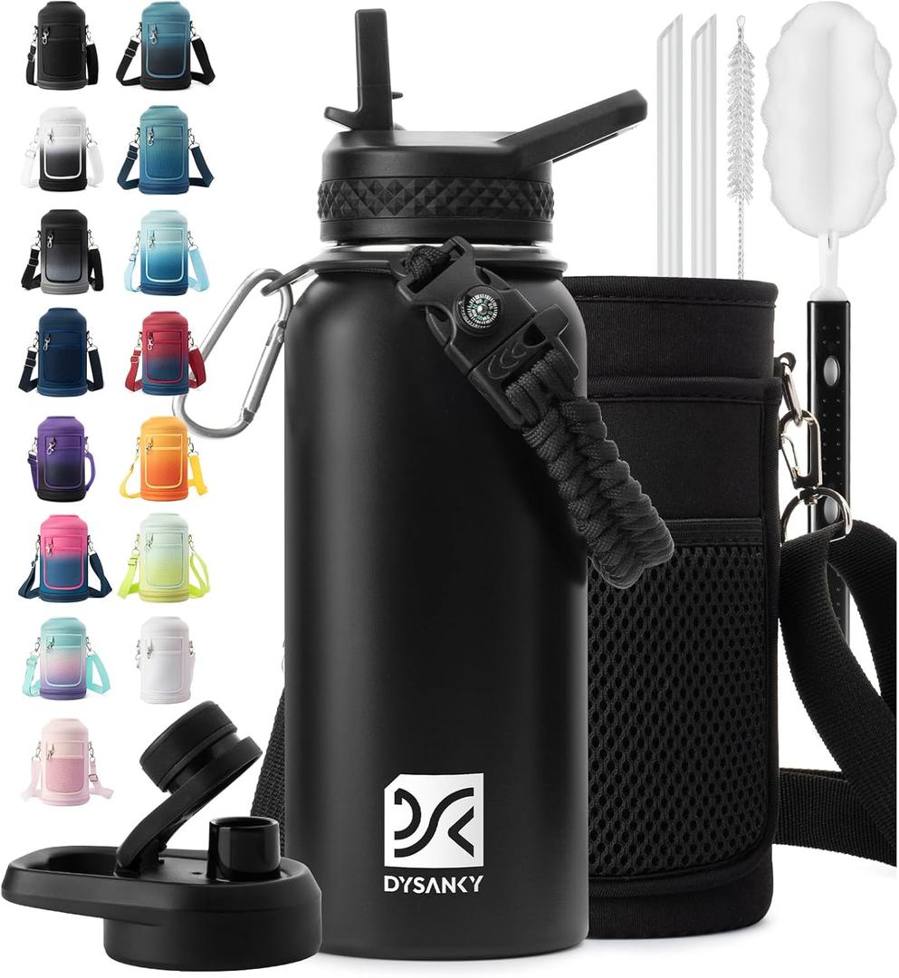 32 oz Insulated Water Bottle | Thickened Stainless Steel Vacuum Metal | Portable Sports Water Jug for Gym and Hiking with Straw, Carrier Bag, Handle Strap | BPA-Free 32 oz, Black