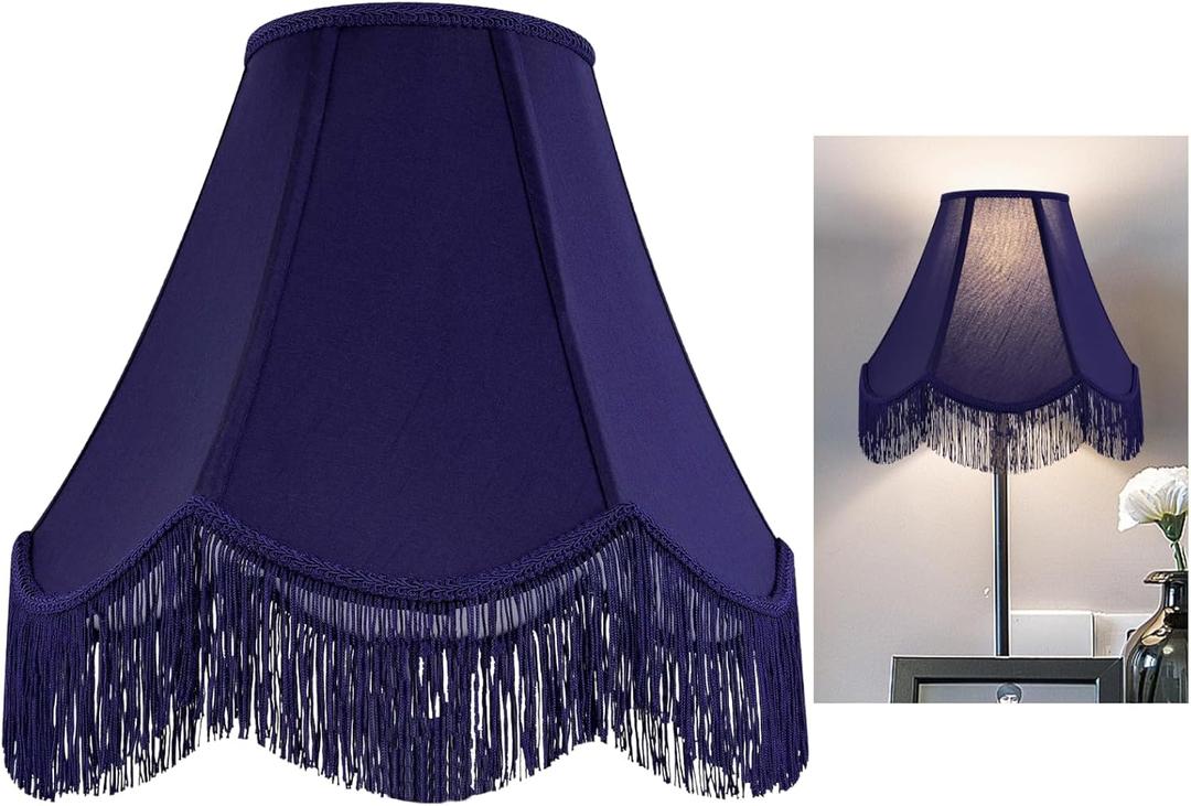 GO&SO Blue Silk Bell Lamp Shades Petal Edge Braid with Blue Fringe Trim, 6"x13"x10.6"(Spider), Victorian Scalloped Lamp Shades Hand Crafted,Replacement Lamps Shades for Table,Floor Lamps,Easy Assembly