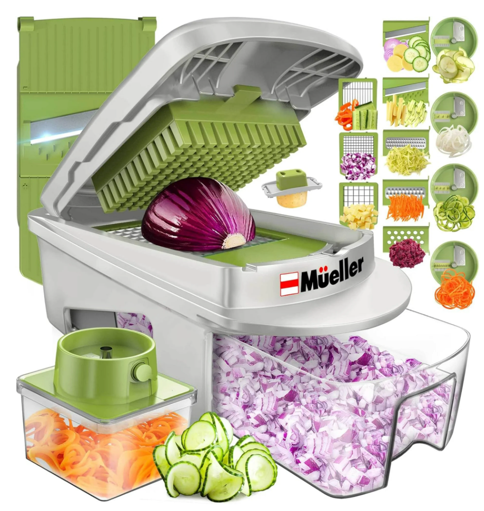 Mueller Pro-Series All-in-One, 12 Blade Mandoline Slicer for Kitchen, Food Chopper, Cucumber Slicer and Spiralizer, Cutter, Dicer, Grater, Gifts for Mom, Kitchen Essentials, White Sand/Green