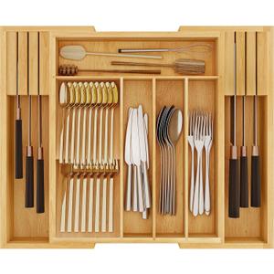 HOOBRO Silverware Organizer Kitchen Drawer Organizer, Expandable Utensil Drawer Organizer, with 2 Knife Block, Bamboo Cutlery Tray with Divider for Flatware and Kitchen Utensils, Natural YL06TL01