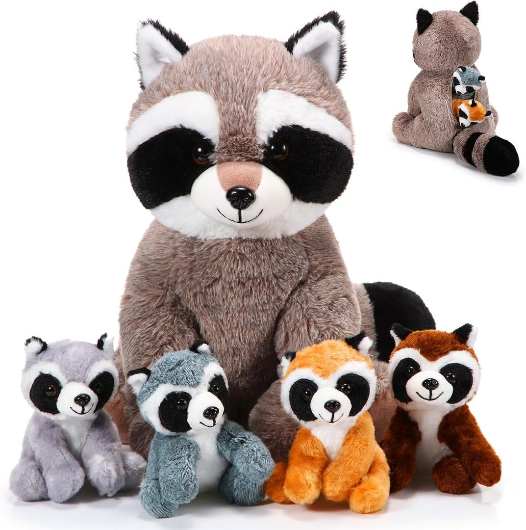 5 Pcs Raccoon Stuffed Animal Set Adorable Mommy Raccoon Plush with 4 Babies in Tummy Soft Cuddly Plushie for Birthday Woodland Party Decor (Cuddly Style)