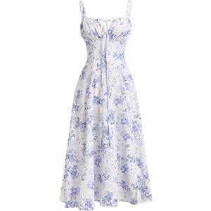 Women's Floral Corset Dress Formal Cocktail Dresses Going Out Casual Sundress Split Thigh Spaghetti Strap Vintage Dress (Medium, Blue)