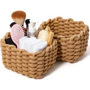 Storage Baskets 2 Pack, Macrame Woven Decorative Baskets for Vanity, Desk, Bathroom & Bedroom Organizer, Small Boho Cotton Rope Bins for Cosmetics, Office Supplies, Cream & Khaki, 7x5.5x5 Inches