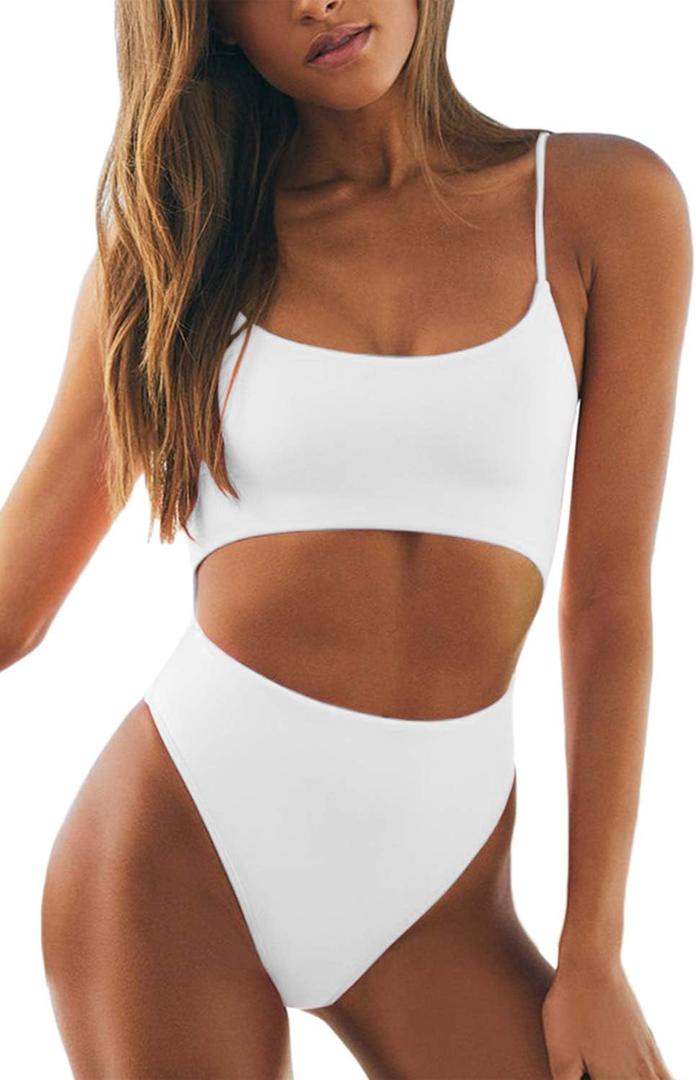 Meyeeka Womens Scoop Neck Cut Out Front Lace Up Back High Cut Monokini One Piece Swimsuit (Medium, White)