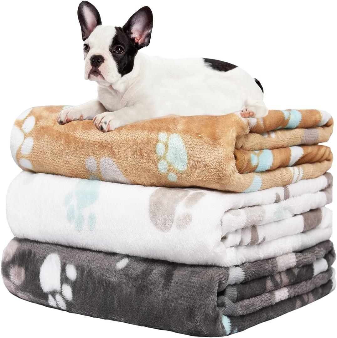 Rezutan Upgraded Dog Blankets for Medium Dogs, 3 Pack Dog Cat Blanket Washable, Soft Pet Throw Cover Suitable for Kennel Crate Bed, Cute Paw Pattern, 30"x20" Grey/Brown/White