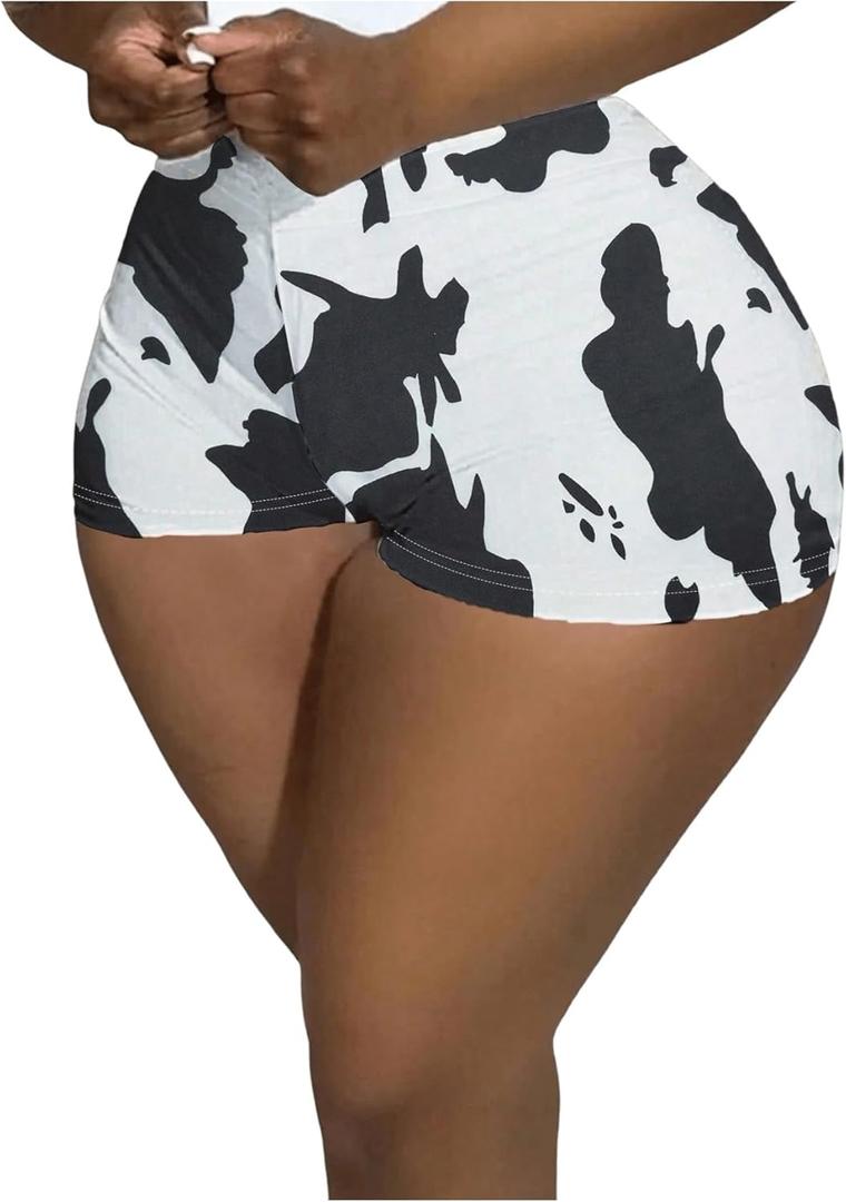 WDIRARA Women's Cow Print Elastic High Waist Shorts Stretch Skinny Shorts (Black, S)