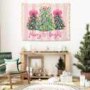 WHCHJ Coquette Christmas Tree Tapestry Backdrop, Merry and Bright Christmas Tapestry Wall Hanging, Preppy Girly Pink Striped Xmas Tapestries Wall Blanket Decor for Party Home Room Dorm, 50x60 Inch