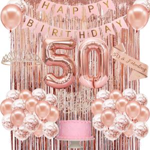 50th Birthday Decorations Women, Happy 50th Birthday Banner, Crown, Sash, Cake Topper and Number Balloon, Rose Gold 50 Birthday Party Decorations for Women