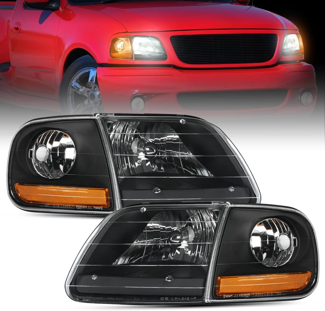 Nilight Headlight Assembly Compatible with 1997 1998 1999 2000 2001 2002 2003 Ford F-150 Expedition Black Housing Amber Reflector