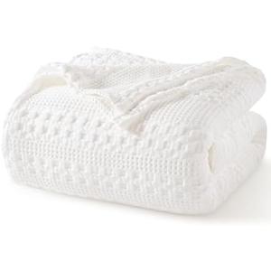 PHF 100% Cotton Waffle Weave Blanket Queen Size, Soft Lightweight Breathable Cozy Summer Blankets for Bed, Luxury Aesthetic Woven Bedding for Home Decor, 90"x90", White