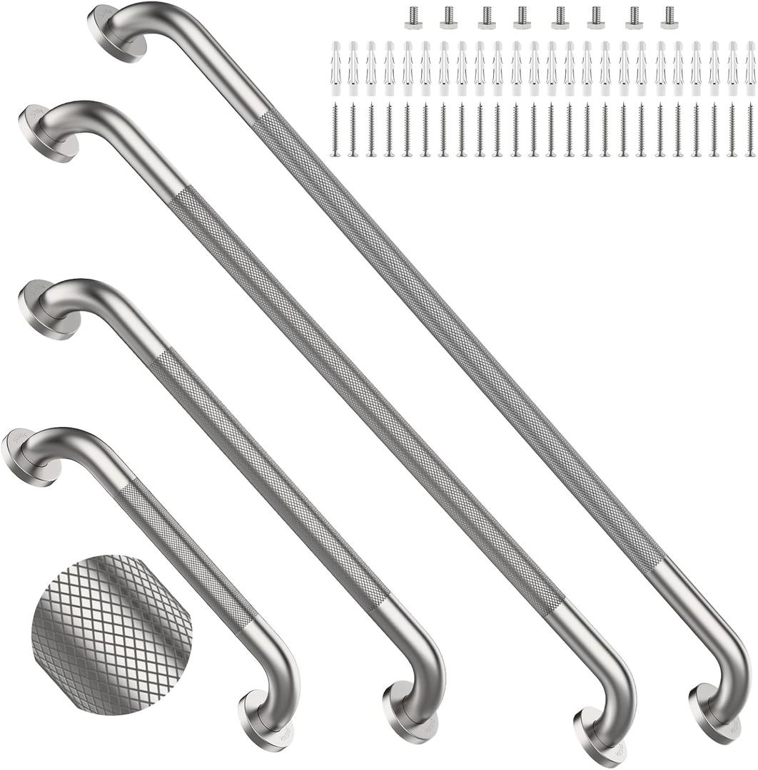 Brushed Nickel Grab Bar 16/24/36/40 Inch Bundle, iHansee Set of 4 Bathroom Grab Bars w/Anti-Slip Knurled Grip, Stainless Steel Safety Handrail for Home & Commercial, Wall Mounted Handicap Shower Bars