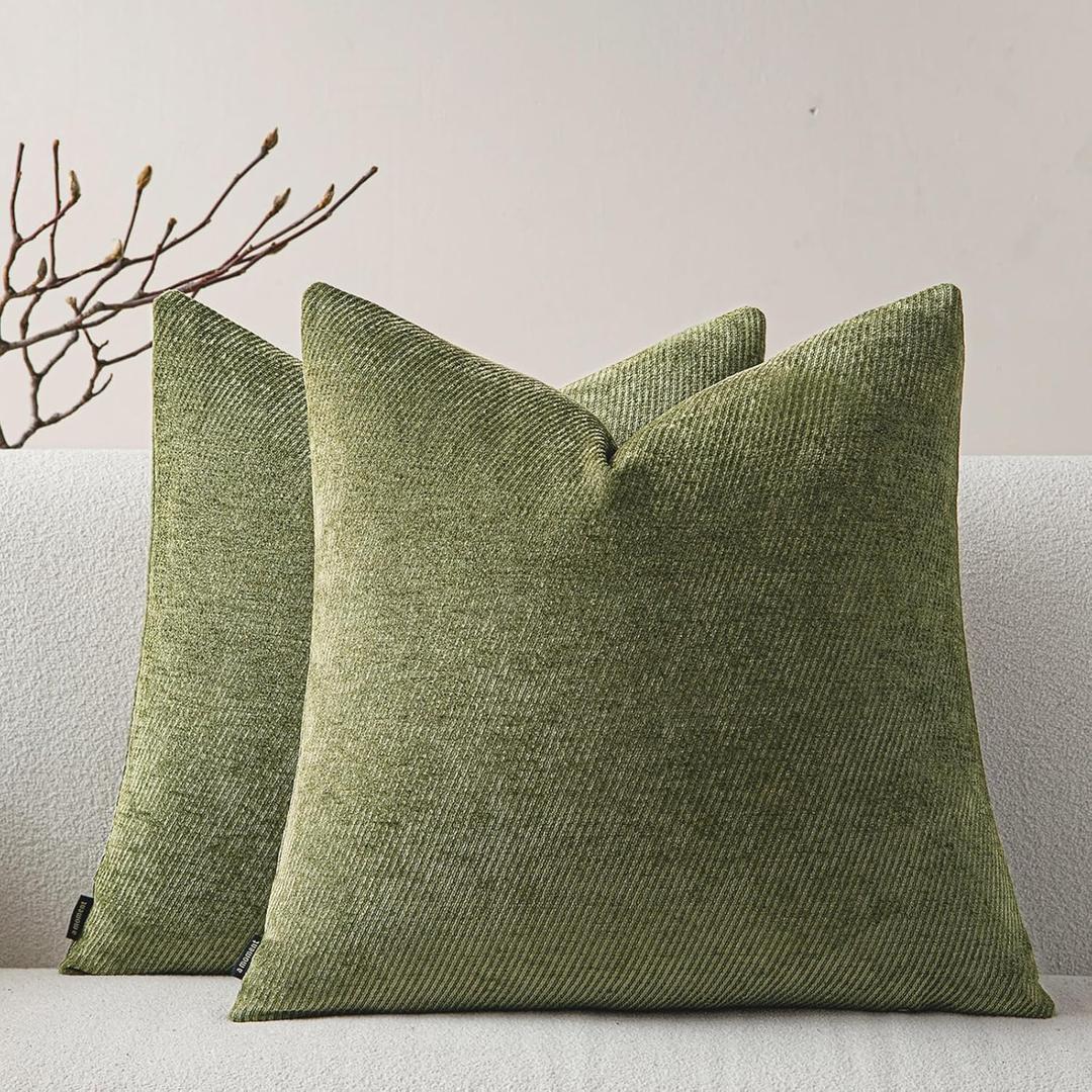 a moment Pack of 2 Decorative Chenille Throw Pillow Covers with Twill Cushion Covers for Sofa Living Room Couch Bed 20x20 Inch Moss Green