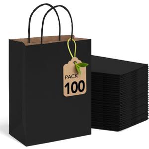 MESHA 100 Pack Black Gift Bags 8x4.25x10.5 Inch Kraft Paper Bags with Handles Bulk Craft Bag Medium Size for Wending Birthday Party Favor Retail Merchandise Bag