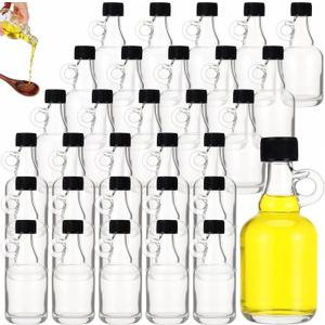 Glass Syrup Bottles with Loop Handle, 1.7 oz, 30 Pcs, Plastic Lids, Maple Syrup Stickers